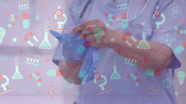 Animation of medical icons moving over doctor putting on surgical gloves