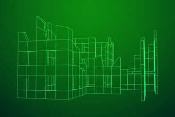Destroyed building ruin and concrete, war destruction concept. Wireframe low poly mesh vector illustration.
