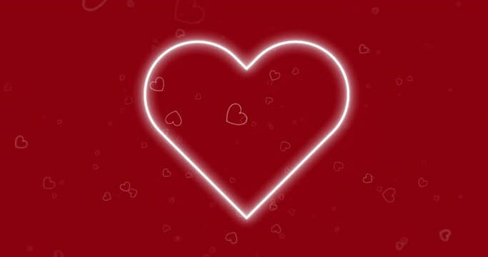 Animation of neon heart shape flickering over hearts on red background