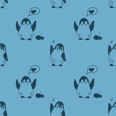 Obraz premium Vector pattern with cute funny penguins, hand-drawn illustration. Cute animals, children's illustration for clothes, postcards, fabrics, gift wrapping.