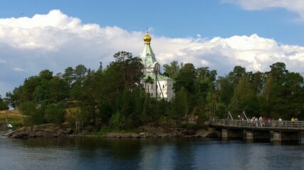 Obraz premium Ancient historical building of orthodox church cathedral in Russia, Ukraine, Belorus, Slavic people faith and beleifs in Christianity Valaam Kareliya
