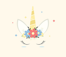 Cute unicorn vector graphic design. Cartoon unicorn head with flower crown illustration .