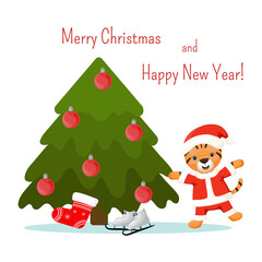 Cute New year and Christmas card with little tiger. Funny character in Santa Claus dress. Winter holidays scene.