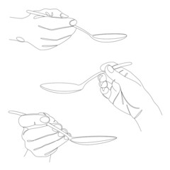 Collection. Silhouettes of a male hand holding a spoon in a modern one line style. Continuous line drawing, aesthetic outline for decor, posters, stickers, logo. Vector illustration set.