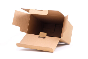Opened brown cardboard box with double box lids, empty box for packaging, isolated on white background