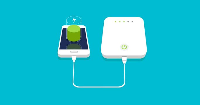 Animation of 3d smartphone charging with external power bank. Low battery. Battery are being fully charged. 4k resolution video.
