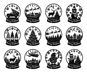 Snow globe vector set. Paper cut template. Merry Christmas phrase. Snowman, tree, angel, truck, deers, gnomes, Santa. For postcard, window and wall decorations. Illustrations isolated on white. - obrazy, fototapety, plakaty