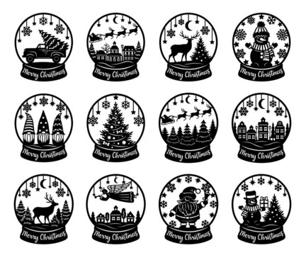 Snow globe vector set. Paper cut template. Merry Christmas phrase. Snowman, tree, angel, truck, deers, gnomes, Santa. For postcard, window and wall decorations. Illustrations isolated on white.