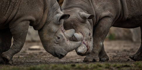 Dangerous duel between two strong and rare rhinos.