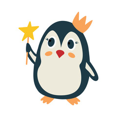 Penguin princess wearing a crown and a with magic wand. Hand drawn character