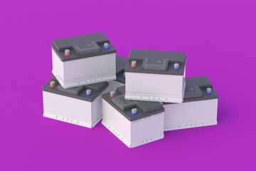 Heap of 12 V auto batteries on purple background. Battery capacity. Replacement of automotive parts. 3d render