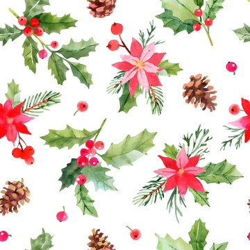 Christmas poinsettia flowers and holly branches pattern. Winter floral background. Hand drawn watercolor illustration