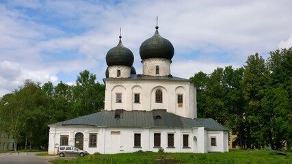 Ancient historical building of orthodox church cathedral in Russia, Ukraine, Belorus, Slavic people faith and beleifs in Christianity Velikiy Novgorod Great