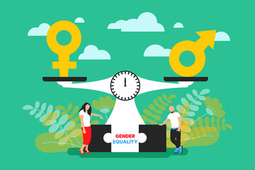Gender equality modern concept design. Female and Male sex gender sign, icon, symbol on weight scale. Vector illustration