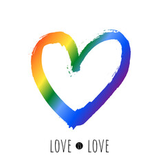 Love is love quote. LGBT community rainbow heart isolated on white background. Pride month banner, poster, placard. Vector illustration