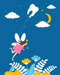 Little tooth fairy girl with tooth air balloon on night blue background. Vector illustration.