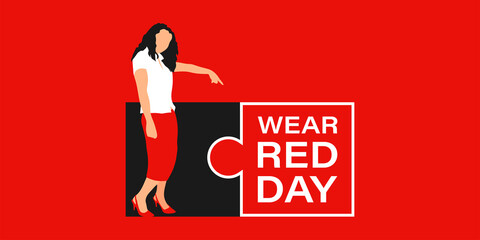 National wear red day. Young girl in red dress with jigsaw puzzle. Poster, banner, placard, flyer concept design. Vector illustration
