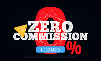 0% commission web banner, promo poster, sale flyer, placard, landing page. Number and text black background. Special limited offer zero commission shop design. Vector illustration. - obrazy, fototapety, plakaty