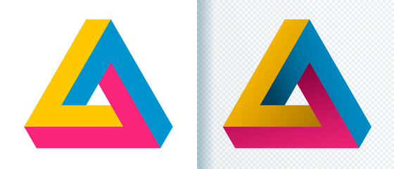 Flat and 3d Penrose triangle geometric optical illusion  icon, logo, sign, symbol on white and transparent background. Set infinity concept form. Vector illustration