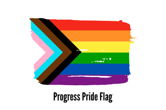 Progress Pride rainbow flag. Symbol of LGBT community. Hand drawn ink brush stroke Pride Flag icon, logo, sign, symbol isolated on white background. Vector illustration