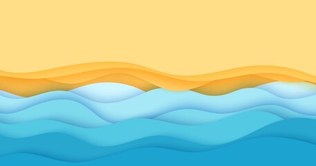 Top view beach background in paper cut style. 3d seaside yellow sandy coast and blue sea waves in summertime in papercut art. Vector card illustration cutout from cardboard.