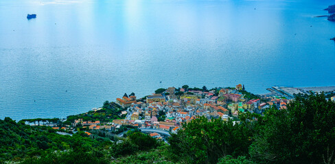 top view of Vietri sul Mare, Salerno, Italy. village with sea and ship