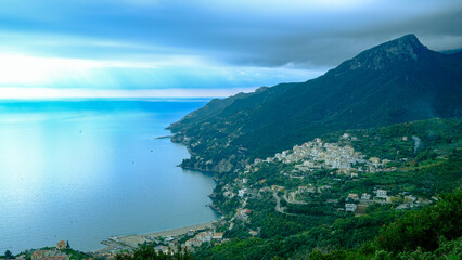 View of Raito di Vietri sul Mare, Amalfi Coast, Salerno, Italy. view of the village with sea and mountains