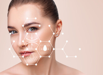 Infographic shows cleansing effect on beautiful female face.