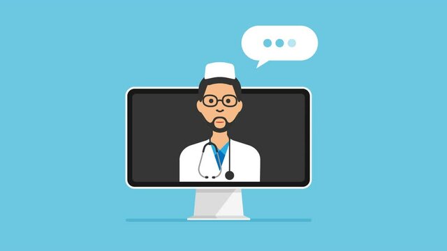Male doctor animation giving online consultation on monitor screen. Online medical consultation and prescription. Medical support. 4k cartoon video animated.