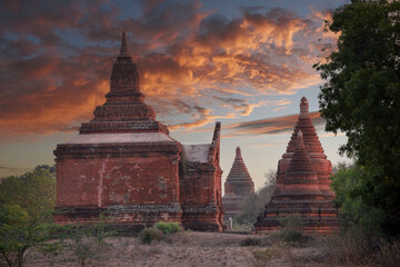 view to the ruins at the valley of Bagan with its ancient buddhist pagodas, Myanmar (Burma)

