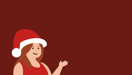 Smiling young woman dressed as Santa Claus vector illustration character on red Christmas background with copy space