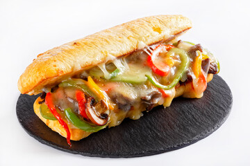 philly steak sandwich with melted cheese, top view