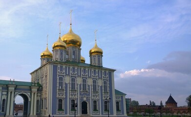 Ancient historical building of orthodox church cathedral in Russia, Ukraine, Belorus, Slavic people faith and beleifs in Christianity Tula
