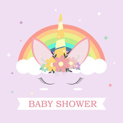 Baby shower party. Cute unicorn with rainbow.