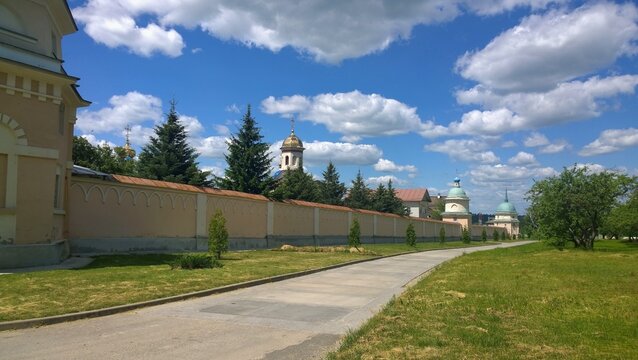 Ancient historical building of orthodox church cathedral in Russia, Ukraine, Belorus, Slavic people faith and beleifs in Christianity Optina Pustin