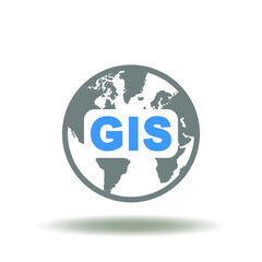 Vector illustration of earth planet with GIS abbreviation. Icon of GIS Geographic Information System. Symbol of Topography Geography Cartography Technology.