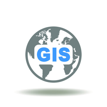 Vector illustration of earth planet with GIS abbreviation. Icon of GIS Geographic Information System. Symbol of Topography Geography Cartography Technology.