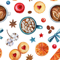 Coffee and cookies watercolor illustrations. Christmas sweets and hot drinks, seamless pattern