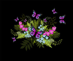 Obraz premium Bouquet of flowers and leaves with butterflies On a black background. . Purple orchid. Vector illustration