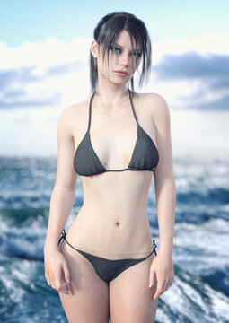 A 3d digital render of a  young woman in a black bikini and gold belly chain standing in front of the water.