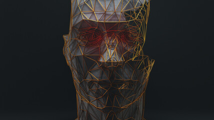 3D illustration of a head made of concrete in a golden cage. Photomurals in pastel colors