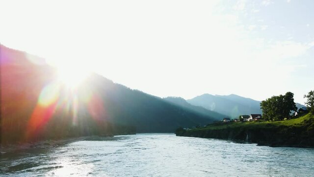 Mountain landscape with sunshine. A small morning haze in the Altai Mountains