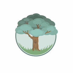 Round Logo with Pastel Turquoise Tree Isolated on White Background. Vector Illustration 
