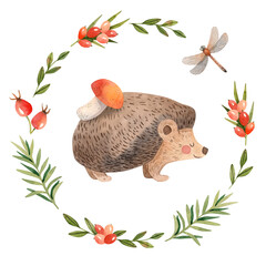 Hedgehog with a mushroom in its back. Forest leaves wreath.