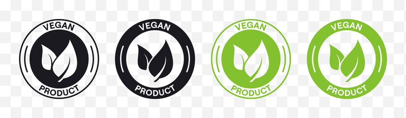 Vegan product labels vector set. Black and green vegan food stamp icons. Isolated vegetarian symbol collection. Packaging badges design, vector illustration.