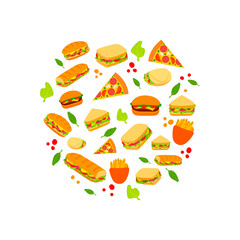 fast food illustration, doodle pizza, burgers, potato, sandwiches.