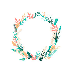 Fototapeta na wymiar circle frame, plants, natural frame wreath template, exotic floral elements, isolated.