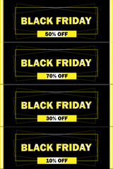 black friday, sale coupons,  black and yellow, discount coupons, vector illustration, black background, yellow gradient text, strict style, classic bold font, bright, high contrast design