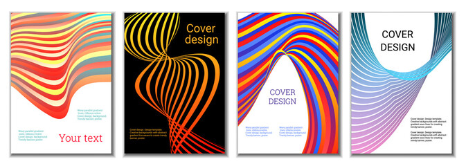 A set of 4 abstract covers. Wavy parallel gradient lines, ribbons evolve. Cover design, background. Trendy banner, poster.