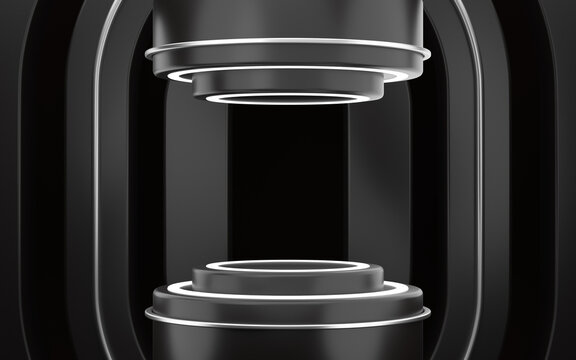empty postament in modern style, Black silver color and white light, fashion show stage, abstract background. Circle light. 3d rendering